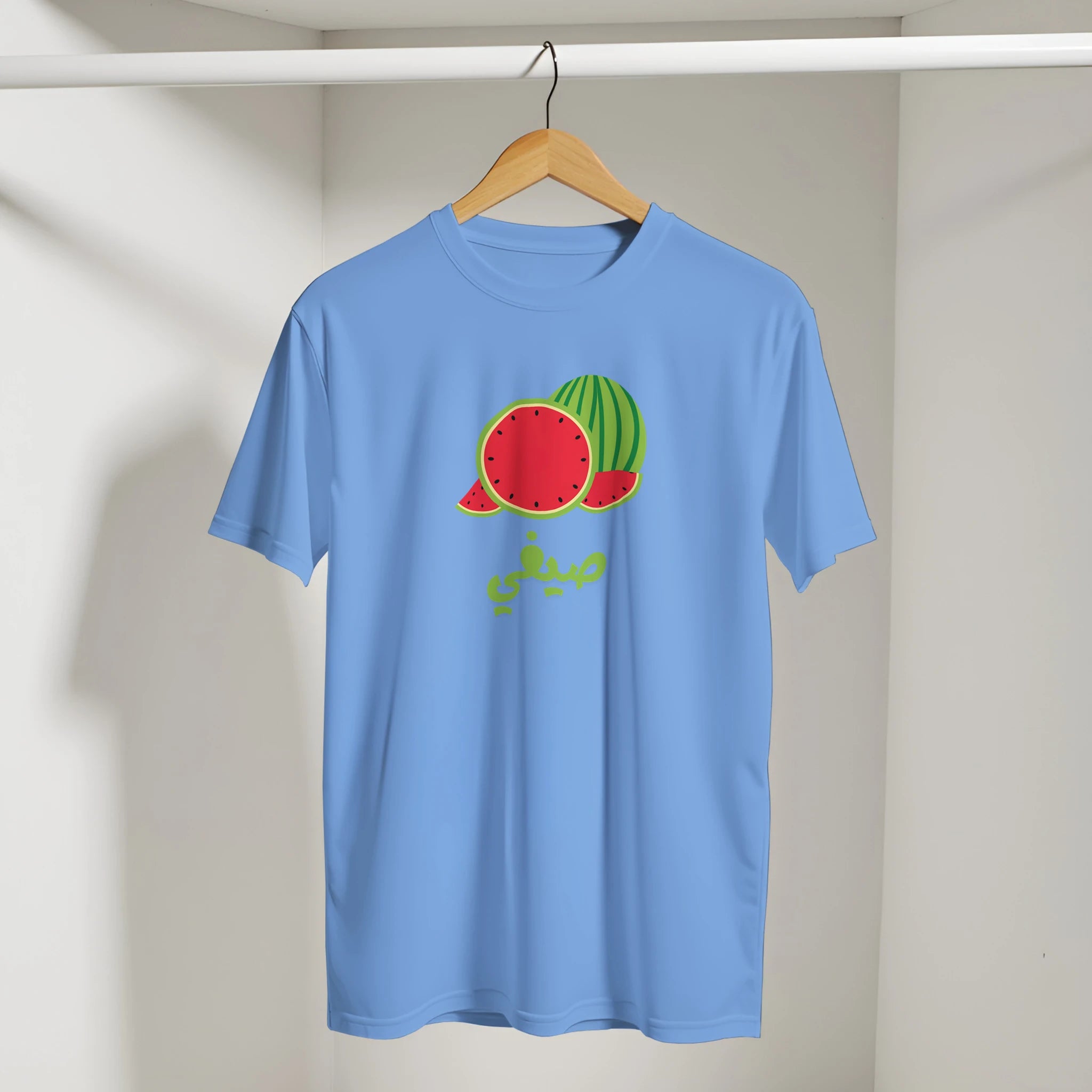Watermelon Summer Vibes Arabic Tee in Carolina Blue, Arabic graphic design by Cairo NYC